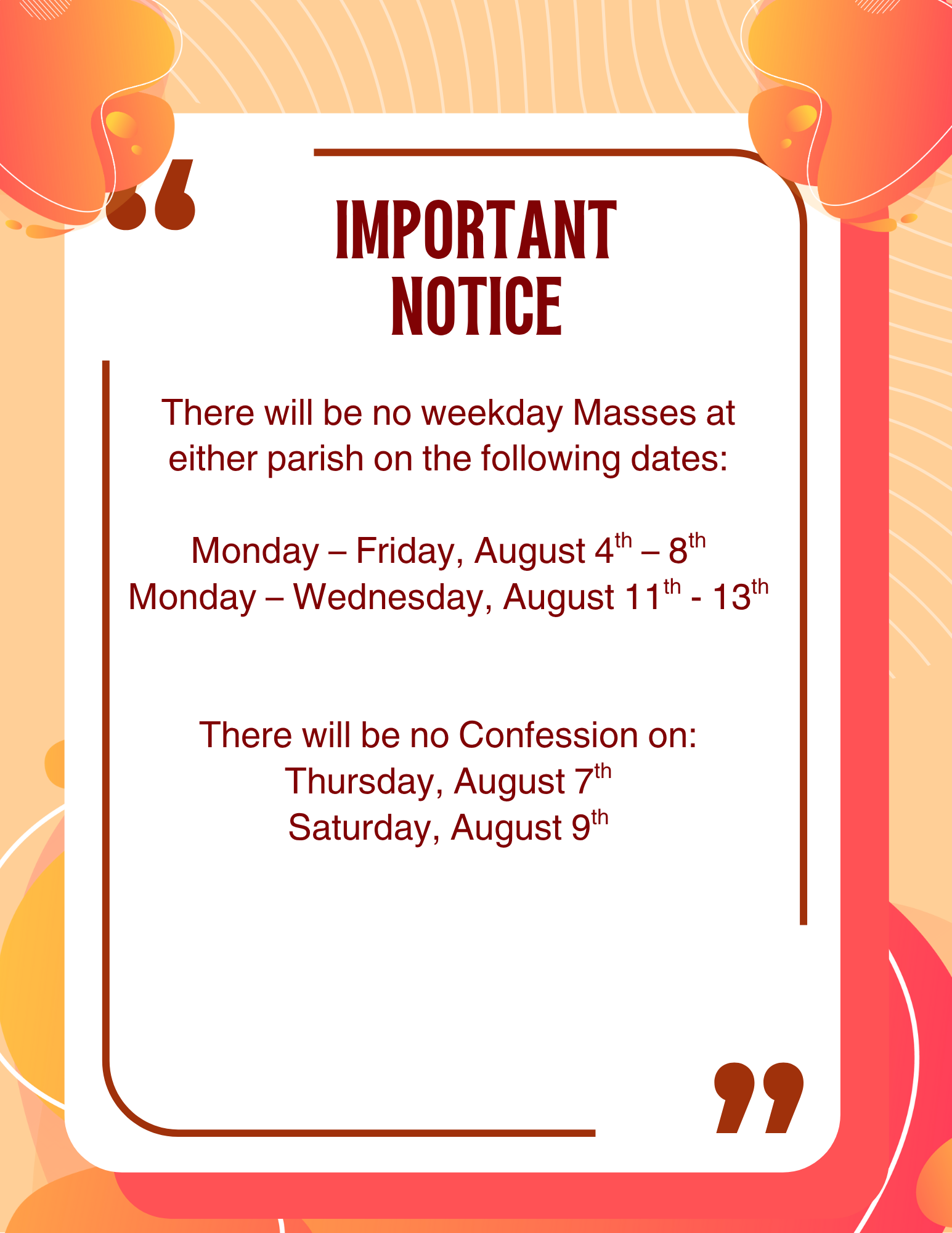 No Mass notice post 8:3